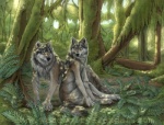 ambiguous_gender anthro claws detailed_background digitigrade duo forest fur inner_ear_fluff nature outside plant sitting tail tree tuft wood yellow_eyes rayndancer canid canine canis mammal wolf watermark