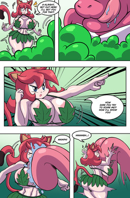 ambiguous_gender areola big_butt biped breasts butt dialogue female female/ambiguous glistening glistening_body grass_skirt hair licking red_hair speech_bubble text tongue wide_hips aladeen animal_humanoid cat_humanoid felid felid_humanoid feline feline_humanoid humanoid mammal mammal_humanoid comic hi_res