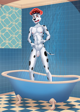 aged_up anthro anthrofied balls bathroom bathtub blush claw_foot_bathtub clothing embarrassed flaccid foreskin fur genitals headgear headgear_only headwear headwear_only humanoid_genitalia humanoid_penis male markings mostly_nude navel nipples nude open_mouth partially_retracted_foreskin pecs penis shower shower_cap solo spots spotted_body standing teeth water wet wet_body white_body white_fur dal101strefan 101_dalmatian_street 101_dalmatians disney dylan_(101_dalmatians) canid canine canis dalmatian domestic_dog mammal digital_media_(artwork) hi_res