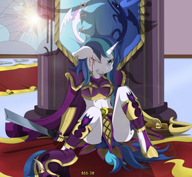 anthro anthrofied armor banner blood blue_eyes blue_hair bodily_fluids column crossgender cutie_mark female flag galea hair headgear helmet horn lens_flare light melee_weapon mtf_crossgender multicolored_hair navel one_eye_closed piercing shadow shield solo sword weapon window ags-30 friendship_is_magic hasbro my_little_pony mythology shining_armor_(mlp) equid equine mammal mythological_creature mythological_equine unicorn 2014 absurd_res hi_res