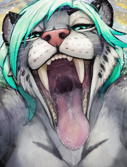 anthro big_fangs black_markings blue_eyes blue_hair bodily_fluids cheek_tuft drooling eyelashes facial_tuft fangs female female_anthro front_view fur glistening glistening_eyes grey_body grey_fur hair looking_at_viewer markings mouth_shot narrowed_eyes open_mouth pink_nose saliva saliva_on_tongue saliva_string solo teeth tongue tongue_out tuft acidic jessica_fable felid mammal bust_portrait hi_res portrait
