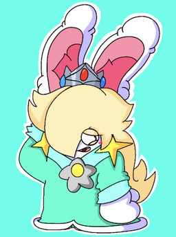 anthro bent_arm black_eyes blonde_hair blush buckteeth clothed clothed_anthro clothed_female clothing crown dress ear_piercing ear_tuft female female_anthro fur gem hair hair_over_eye hand_behind_head headgear light long_ears long_hair mitten_hands noseless open_mouth outline piercing pink_inner_ear pink_tongue ruby_(gem) sapphire_(gem) shy simple_background solo standing star_ear_piercing straight_arm tan_eyelids teal_background teal_clothing teal_dress teeth tongue tuft white_body white_fur white_outline gboogie32 mario_bros mario_plus_rabbids_sparks_of_hope nintendo raving_rabbids rayman_(series) ubisoft rabbid_rosalina lagomorph mammal rabbid 2023 cel_shading colored crossover digital_drawing_(artwork) digital_media_(artwork) full-length_portrait hi_res lighting portrait shaded