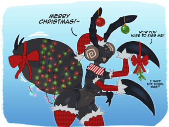 antennae_(anatomy) anthro bow_ribbon christmas_clothing christmas_decorations christmas_headwear claws clothing femboy happy hat headgear headwear holidays kissing_bough legwear looking_at_viewer male mistletoe multi_limb plant santa_hat scarf simple_background smile solo stockings talking_to_viewer artlegionary christmas dizzy_(artlegionary) arthropod hi_res
