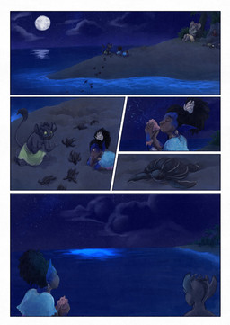 anthro beach black_body black_fur clothed clothing cloud conch dark_body ear_fins female feral fin fur grey_body group male moon musical_note musical_symbol night proboscis_(anatomy) sand sea sky smile split_form symbol tail trunk_(anatomy) water bjekkergauken mythology imbali_(bjekkergauken) isilo_(bjekkergauken) aquatic elephant elephantid humanoid mammal merfolk proboscidean reptile scalie turtle unknown_species 2026 colored comic hi_res