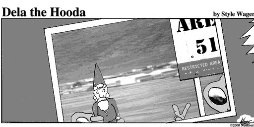 ambiguous_gender garden_gnome gesture hand_gesture text v_sign style_wager area_51 dela_the_hooda tor_and_xippi alien humanoid 2000 comic english_text monochrome