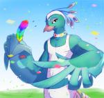 anthro beak black_eyes bottomwear clothed clothing cloud eyelashes feathered_wings feathers femboy festivale grasp half-closed_eyes happy looking_at_viewer male narrowed_eyes open_mouth outside pants pecs rainbow shirt sky smile solo tank_top topwear wings silvyr animal_crossing nintendo pave_(animal_crossing) avian bird galliform peafowl phasianid 2014