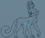 animal_genitalia breasts clothed clothing fangs fully_sheathed fur genitals gesture gynomorph hair hand_gesture intersex pointing pointing_right sabertooth_(anatomy) sheath simple_background solo teeth frostwyrm102 winterfang chakat felid felid_taur mammal mammal_taur taur black_and_blue monochrome traditional_media_(artwork) herm_(lore)