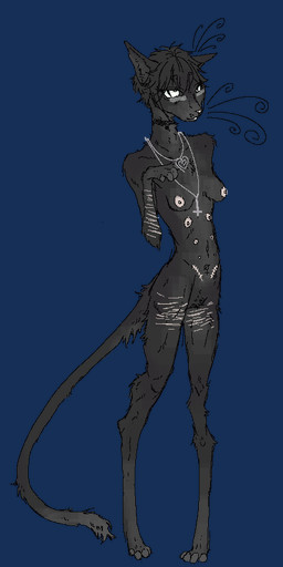 anthro black_body black_fur cross curled_whiskers eyewear female fur genitals glasses inverted_cross jewelry long_tail multi_nipple necklace nipples nude scar self-harm_scars solo spayed tail vulva itzkuroki kuroki_(itzkuroki) domestic_cat felid feline felis mammal alpha_channel