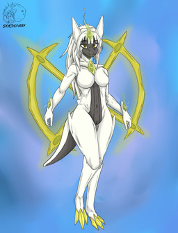 anthro aura breasts claws female gem genitals grey_body hair nude pokemorph solo vulva white_body white_hair allartskye nintendo pokemon arceus generation_4_pokemon legendary_pokemon pokemon_(species) hi_res