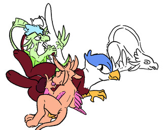 ambiguous_gender anthro anthro_on_feral bestiality blue_body blue_fur bodily_fluids brown_body brown_fur brush cum fellatio female feral fingering fur genital_fluids green_body green_fur group leaking_cum male male/female multicolored_body multicolored_fur oral penile personal_grooming pink_body pink_fur sex social_grooming vaginal vaginal_fingering wings duendeinexistente hasbro my_little_pony mythology avali avian gryphon mythological_avian mythological_creature