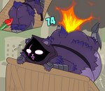 anthro armor belly big_belly big_butt bodily_fluids butt cutaway expansion explosion female fur glistening glistening_belly glistening_butt glowing glowing_eyes hooded_cloak huge_belly inflation missile purple_body purple_fur scar shadow_face solo sweat hidden97 epic_games fortnite raven_team_leader bear mammal