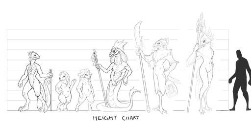 anthro breasts chart featureless_crotch female flat_chested group head_crest male melee_weapon navel nude polearm shortstack small_breasts spear staff text thick_thighs weapon wide_hips louis_m_de_la_girond'arc_(artist) avian bird bovid caprine goat lizard mammal reptile scalie snake english_text hi_res monochrome sketch
