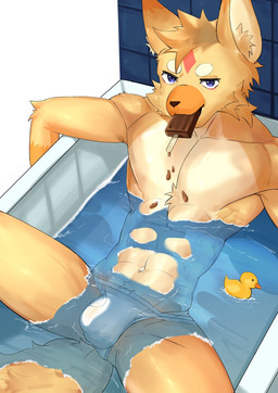 anthro arm_tuft bathing bathtub briefs bulge candy chest_tuft chocolate clothing dessert detailed_bulge food food_on_body fur genital_outline ice_cream ice_cream_on_pecs male partially_submerged penis_outline popsicle rubber_duck solo tighty_whities tile tile_wall translucent translucent_clothing translucent_underwear tuft underwear wall_(structure) wet wet_clothing wet_underwear white_briefs white_clothing white_underwear yellow_body yellow_fur magmapillows deathwish_(deathwish4k) felid feline lagomorph leporid mammal rabbit 2025 hi_res