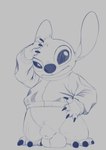 3_toes 4_fingers animal_genitalia balls big_eyes black_nose bottomless claws clothed clothing crotch_tuft feet fingers fully_sheathed genitals grey_background long_ears male scratching_head sheath shirt shirt_only simple_background solo sweatshirt toes topwear topwear_only tuft 6i6as_(artist) disney lilo_and_stitch stitch_(lilo_and_stitch) alien experiment_(lilo_and_stitch) 2020 digital_media_(artwork) full-length_portrait hi_res portrait sketch