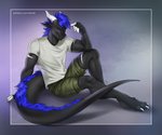 4_toes 5_fingers anthro black_body black_scales blue_eyes blue_hair clothed clothing eyebrows eyelashes feet fingers fully_clothed hair horn male scales sitting smile solo tail toes white_horn yasmil mythology rhaegar_vas_normandy dragon mythological_creature mythological_scalie scalie wingless_dragon 2020 digital_media_(artwork)