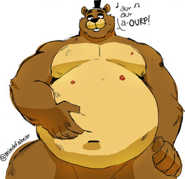 anthro belly belly_grab big_belly brown_body brown_fur burping clothing dialogue fur hat headgear headwear male musclegut muscular obese obese_male overweight overweight_male solo text top_hat mindof five_nights_at_freddy's scottgames freddy_(fnaf) bear mammal hi_res
