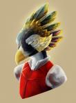 avian avian_(starbound) beak clothed clothing eyes_closed feathers hi_res portrait shirt simple_background solo starbound topwear triruntu