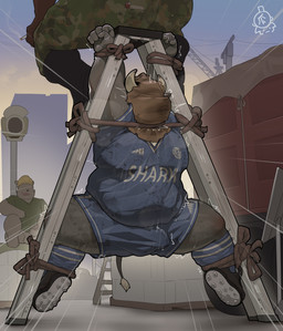 anthro asphyxiation bdsm being_watched bodily_fluids bound bulge cigarette clothed clothing covered_face degradation erection_through_clothing group hands_tied horn humiliation ladder legs_tied looking_at_another male masturbation public slightly_chubby slightly_chubby_male smoking smoking_cigarette sportswear spreading submissive submissive_male sweat watching_from_afar piero03432812 bear bovid bovine cattle mammal absurd_res hi_res