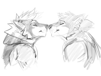 anthro anthro_on_anthro cheek_tuft closed_smile clothed clothing duo ears_back eyebrow_piercing facial_piercing facial_tuft hair male male/male mouth_closed multiple_piercings nose_to_nose piercing pivoted_ears short_hair side_view simple_background smile tuft solaxe_(artist) canid canine mammal 4:3 hi_res monochrome sketch