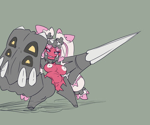 armor belly big_breasts breasts female female_humanoid hair huge_breasts lance melee_weapon nipples pink_body pink_eyes pink_hair pink_skin polearm shield short_hair shortstack shortstack_female simple_background solo unconvincing_armor weapon imric1251 nintendo pokemon generation_9_pokemon humanoid pokemon_(species) tinkaton 2022 6:5 digital_media_(artwork) hi_res