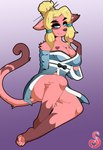 anthro asian_clothing blonde_hair clothing east_asian_clothing female fur hair heart_(marking) japanese_clothing kimono markings mature_female oversized_clothing pink_body pink_fur solo softpawcafe domestic_cat felid feline felis mammal hi_res