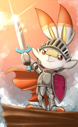 ambiguous_gender anthro armor cape clothing fur headgear helmet knight long_ears melee_weapon shield smile solo standing sword warrior weapon otakuap nintendo pokemon generation_8_pokemon lagomorph mammal pokemon_(species) scorbunny 2019 hi_res