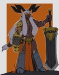 abeepghail chain dark_body dark_skin fantasy female female/female gold_(metal) grey_hair hair horizontal_pupils horn long_hair melee_weapon muscular muscular_female prosthetic prosthetic_arm prosthetic_limb pupils scar solo sword weapon simpleesteban animal_humanoid bovid bovid_humanoid caprine caprine_humanoid demon goat_humanoid humanoid mammal mammal_humanoid hi_res