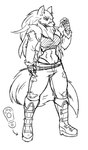 abs anthro boots bottomwear breasts claws clothing female footwear jacket pants scar shirt shoes solo string_panties topwear rakkuguy velvela canid canine canis mammal wolf hi_res monochrome sketch