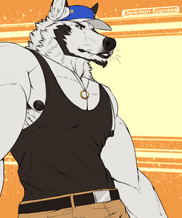 anthro armpit_hair beard belt belt_buckle black_body black_clothing black_fur black_nipples black_nose black_shirt black_tank_top black_topwear blue_clothing blue_hat blue_headwear body_hair bottomwear buckle cargo_pants clothed clothing facial_hair facial_tuft fur gold_ring hat headgear headwear jewelry looking_aside looking_at_viewer low-angle_view male multicolored_body multicolored_fur muscular muscular_anthro muscular_male necklace nipples orange_background pants pattern_background piercing shirt simple_background solo tank_top topwear tuft whiskers white_body white_fur yellow_background depictionexpress alfonso_(depictionexpress) canid canine canis mammal wolf 5:6 hi_res portrait three-quarter_portrait