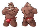 anthro asian_clothing belly biceps black_nose blush brown_body brown_fur bulge butt chest_markings clothed clothing countershade_snout countershading crossed_arms east_asian_clothing front_and_back front_view fundoshi fundoshi_only fur japanese_clothing looking_at_viewer male markings multiple_poses musclegut muscular muscular_anthro muscular_male muscular_thighs navel nipples pecs pose rear_view red_clothing red_fundoshi red_underwear short_tail simple_background snout solo tail tail_motion tailwag tan_body tan_fur topless underwear underwear_only white_background maldu morenatsu juuichi_mikazuki bear mammal 2017 portrait three-quarter_portrait