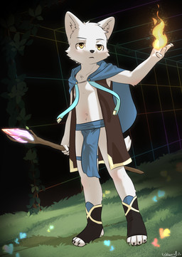 4_toes 5_fingers anthro arm_tuft biped black_eyebrows blue_bottomwear blue_cloak blue_clothing blue_loincloth bottomwear brown_clothing brown_topwear bulge cheek_tuft claws cloak clothing elbow_tuft elemental_manipulation eyebrows facial_tuft feet finger_claws fingers fire fire_manipulation fur glistening glistening_eyes grass holding_object holding_staff legband logo loincloth magic_user male mouth_closed navel nipples pink_nipples plant shota solo staff stirrup_legwear tail thighband thin_eyebrows toe_claws toes topwear tuft white_body white_fur white_tail yellow_eyes young cubboard canid canine mammal 2025 absurd_res artist_logo dated digital_media_(artwork) hi_res