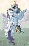 blue_body cutie_mark detailed_background duo eyes_closed feathered_wings feathers female feral field flying grass hill horn hug insect_wings lepidopteran_wings outside plant smile white_body wings alipes friendship_is_magic hasbro my_little_pony mythology rainbow_dash_(mlp) rarity_(mlp) equid equine mammal mythological_creature mythological_equine pegasus unicorn winged_unicorn 2012 hi_res inspired_by_formal_art signature