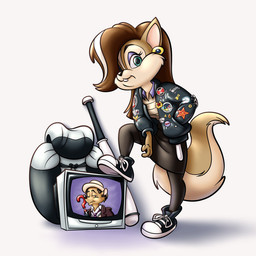 alternative_fashion anthro backpack baseball_bat bat_(object) biped black_clothing black_footwear black_shoes black_sneakers bottomwear brown_hair buckteeth clothed clothing communism crt duo ear_piercing ear_ring electronics eyelashes female footwear fully_clothed fur grey_clothing grey_jacket grey_topwear hair hair_over_eye hammer_and_sickle hand_in_jacket_pocket highlights_(coloring) jacket leggings legwear looking_at_viewer male one_eye_obstructed piercing politics punk purple_eyelids ring_piercing shirt shoes skirt sneakers squirrel_tail step_pose tail tan_body tan_fur teeth television topwear white_highlights stanmort british_broadcasting_corporation doctor_who mammal rodent sciurid tree_squirrel 1:1 digital_media_(artwork) full-length_portrait portrait