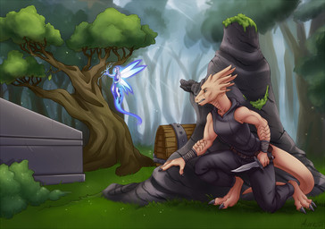 3_toes 4_fingers anthro breasts claws clothed clothing dagger detailed_background digitigrade duo feet female fingers flying forest fully_clothed grass horn insect_wings magic melee_weapon non-mammal_breasts plant small_breasts toe_claws toes tree weapon wings wraps wrist_wraps razrroth karesha fairy humanoid kobold reptile scalie winged_humanoid
