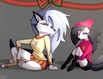 anthro beak bottomwear breasts clothing duo ear_piercing ear_ring eyebrow_piercing facial_piercing female footwear fur grey_body grey_fur grey_hair hair headgear headwear piercing red_sclera ring_piercing shorts socks sweater topwear white_body white_eyes doylecoati hellaverse helluva_boss mythology loona_(helluva_boss) octavia_(helluva_boss) canid canid_demon canine demon hellhound mammal mythological_canine mythological_creature owl_demon 2024 absurd_res digital_media_(artwork) hi_res