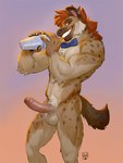 anthro balls bartender bow_tie bow_tie_only ear_piercing erection foreskin genitals looking_at_viewer male mostly_nude muscular navel navel_piercing penis piercing simple_background slim solo lion21 kwende_(thetamule) hyena mammal 3:4 hi_res