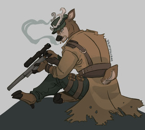 anthro antlers bandolier bottomwear brown_body brown_fur cigarette cigarette_in_mouth clothing cloven_hooves coat fur green_bottomwear green_clothing green_pants grey_background gun harness holding_gun holding_object holding_ranged_weapon holding_rifle holding_sniper_rifle holding_weapon hooves horn male object_in_mouth pants ranged_weapon rifle scope simple_background sitting smoke smoking smoking_cigarette solo text topwear torn_clothing weapon wearing_hat drvoidiguana fallout microsoft robert_maccready_(fallout) deer mammal artist_name