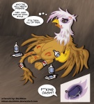 alcohol amber_eyes avian bandage beak beverage blood bodily_fluids bottle brown_body brown_feathers brown_fur bruised comic container english_text feathered_wings feathers female feral friendship_is_magic fur gilda_(mlp) gryphon hasbro holding_bottle holding_container holding_object my_little_pony mythological_avian mythological_creature mythology niban-destikim purple_body purple_feathers solo tail tears text white_body white_feathers wings