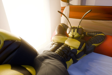 abs antennae_(anatomy) anthro bed bottomwear clothing furniture hands_behind_head inside looking_at_viewer lying male mandibles muscular muscular_male on_back shorts solo under_covers waspwarrior furvoc_(modeler) arthropod hymenopteran insect wasp 3:2 3d_(artwork) digital_media_(artwork) hi_res