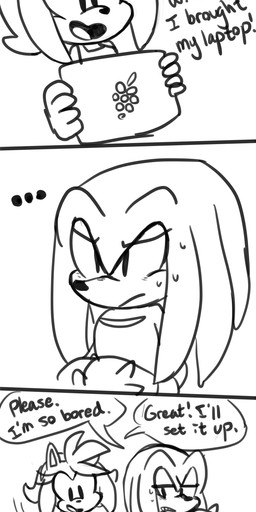 anthro computer dialogue duo electronics ellipsis female male master_emerald sitting speech_bubble standing text thin_calves thin_legs thin_thighs sp-rings sega sonic_the_hedgehog_(series) amy_rose knuckles_the_echidna echidna eulipotyphlan hedgehog mammal monotreme 2018 absurd_res english_text hi_res long_image monochrome tall_image