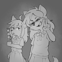 accessory anthro bottomwear bow_ribbon clothed clothing dango_(food) duo eyes_closed female gesture hair hand_gesture looking_at_viewer school_uniform skirt smile uniform v_sign young young_female gheezz canid canine dasyurid dasyuromorph fox mammal marsupial tasmanian_devil 1:1 absurd_res hi_res monochrome portrait three-quarter_portrait