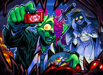 anthro brain candy dessert duo feeding food googly_eyes holidays jack-o'-lantern knife male organs angusburgers halloween kotek bird_dog canid canine canis domestic_dog golden_retriever hunting_dog mammal retriever undead zombie absurd_res hi_res