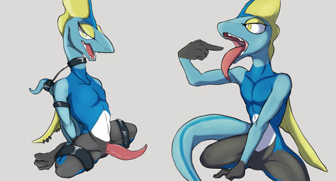 3_toes 5_fingers accessory animal_genitalia anthro bdsm black_body black_skin blue_body blue_skin bondage bound collar contiguous_snout feet fingers front_view furgonomics genital_slit genitals gesture hand_gesture hands_behind_back looking_at_viewer male neck_collar nude open_mouth penis piercing pink_penis pointing pointing_at_self raised_tail restraints side_view simple_background sitting solo spread_legs spreading tail tail_accessory tail_bondage tail_tied tapering_penis teeth toes tongue tongue_out white_background white_body white_skin yellow_eyes ulithefurry nintendo pokemon generation_8_pokemon inteleon pokemon_(species) 2023 absurd_res hi_res