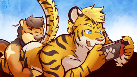 anal anthro arm_tuft athletic athletic_male black_body black_fur black_stripes blonde_eyebrows blonde_hair blonde_mane blue_background brown_body brown_fur brown_hair brown_nose butt cheek_tuft claws collar collar_only countershade_butt countershade_face countershade_torso countershading duo elbow_tuft eyebrows eyes_closed facial_tuft fur gloves_(marking) hair hands_around_waist licking looking_at_console male male/male mane markings neck_tuft nude nude_male oral orange_body orange_fur pink_nose raised_tail rimming self_lick sex short_hair shoulder_tuft simple_background star_(marking) stripes tail tan_body tan_fur text tongue tuft whisker_spots white_body white_fur ventkazemaru nintendo nintendo_switch otter_(ventkazemaru) roberty felid mammal mustelid otter pantherine tiger 2024 artist_name dated hi_res signature