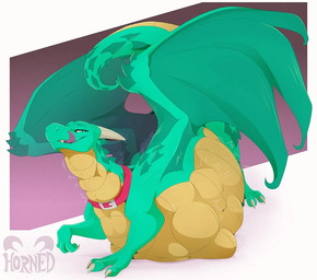 after_vore belly big_belly claws collar duo feral green_body green_eyes green_wings horn pink_background red_collar simple_background tongue tongue_out vore white_background white_claws white_horn wings hornedicarus mythology dragon mythological_creature mythological_scalie scalie 2026 watermark