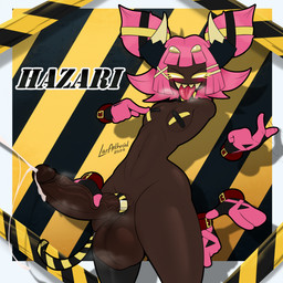 2_horns anthro balls big_balls big_penis biped black_text blush bodily_fluids breasts breath brown_balls brown_body brown_breasts brown_glans brown_penis cum eyebrows eyelashes fingers floating_hands genital_fluids genitals glans gynomorph hair hand_on_penis hazard_stripes horn huge_balls huge_penis humanoid_genitalia humanoid_penis intersex looking_at_another motion_lines name_drop nude open_mouth open_smile penis pink_hair shadow sharp_teeth smile solo standing teeth text tongue tongue_out vein veiny_penis latiar kirby_(series) nintendo hazari_(latiar) arachnid arthropod 1:1 2026 english_text hi_res signature