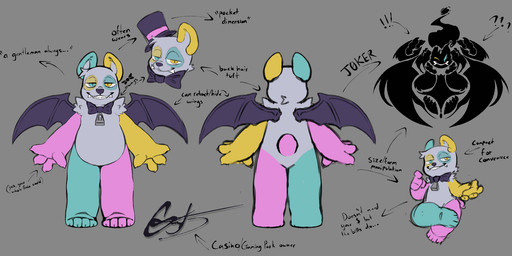 alternate_form anthro bow_tie clothing fangs featureless_crotch fur half-closed_eyes hat headgear headwear heterochromia male multicolored_body multicolored_fur narrowed_eyes solo standing teeth text top_hat wings gearwurk gambit_(gearwurk) bat bear giant_panda hybrid mammal digital_drawing_(artwork) digital_media_(artwork) english_text hi_res model_sheet