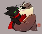 anthro black_body black_fur blush bodily_fluids duo french_kissing fur green_eyes kissing male male/male overweight overweight_male romantic romantic_couple size_difference sweat tongue fudatsu cartoon_network mao_mao:_heroes_of_pure_heart badgerclops sheriff_mao_mao_mao badger domestic_cat felid feline felis mammal mustelid musteline hi_res