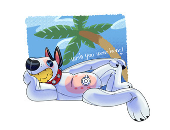 ambiguous_gender anthro card inflatable palm_tree plant pool_toy simple_background solo toony tree tropical azaroteu animate_inanimate bull_terrier canid canine canis domestic_dog hunting_dog living_inflatable mammal terrier hi_res