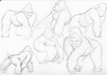 all_fours ambiguous_feral ambiguous_gender biped feral front_view mouth_closed side_view simple_background sitting solo darkgem ape gorilla haplorhine mammal primate monochrome sketch sketch_page